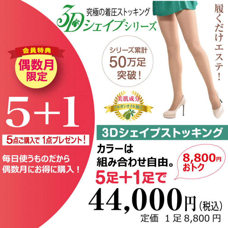 【偶数月限定】3Dシェイプストッキング　5足セット(プラス1足プレゼント)