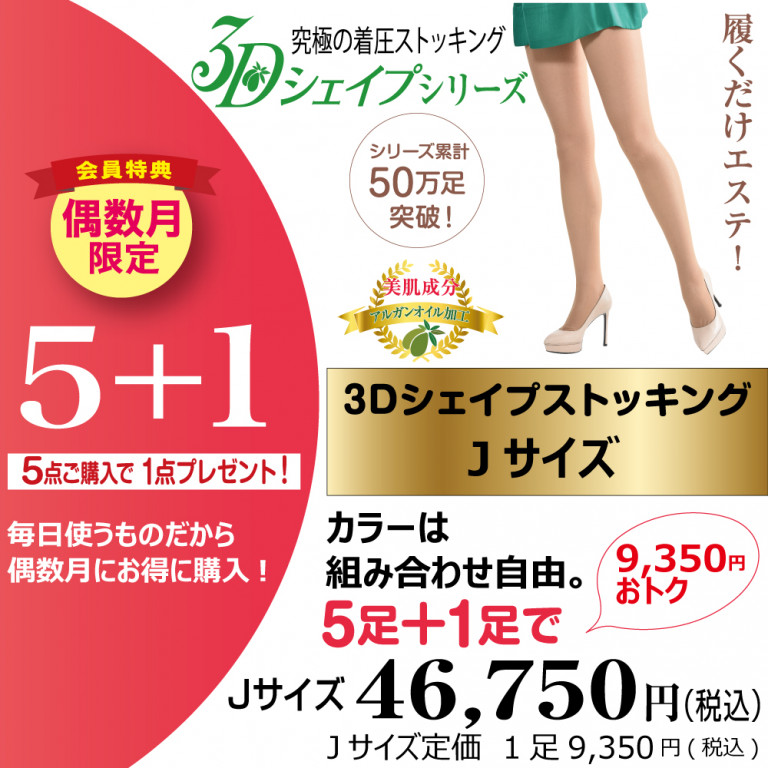 【偶数月限定】3Dシェイプストッキング(Jサイズ)　5足セット(プラス1足プレゼント)